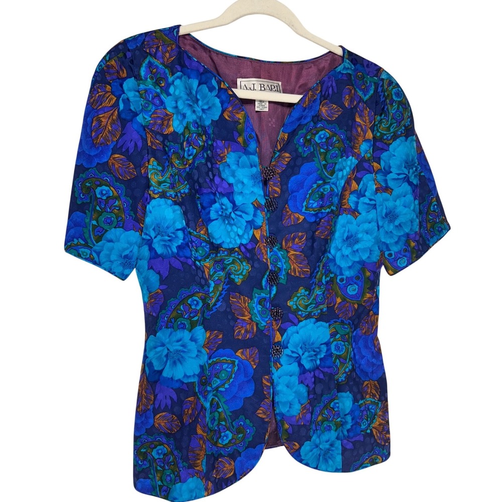 VTG A.J. Bari Silk Blue Purple Floral Paisley Beaded Button Up Blouse Sz 12 EUC